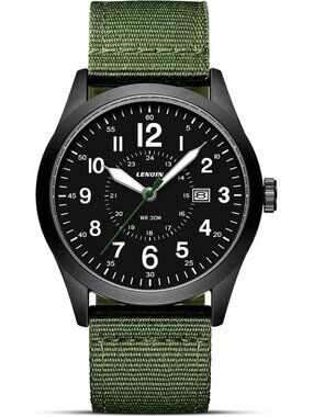LN LENQIN Men's Green Classic Military Analog Quartz Waterproof Nylon Band Watch